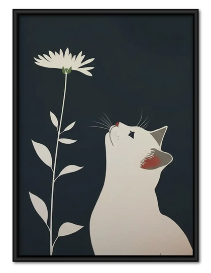 White Cat with Tall Daisy Wall Art