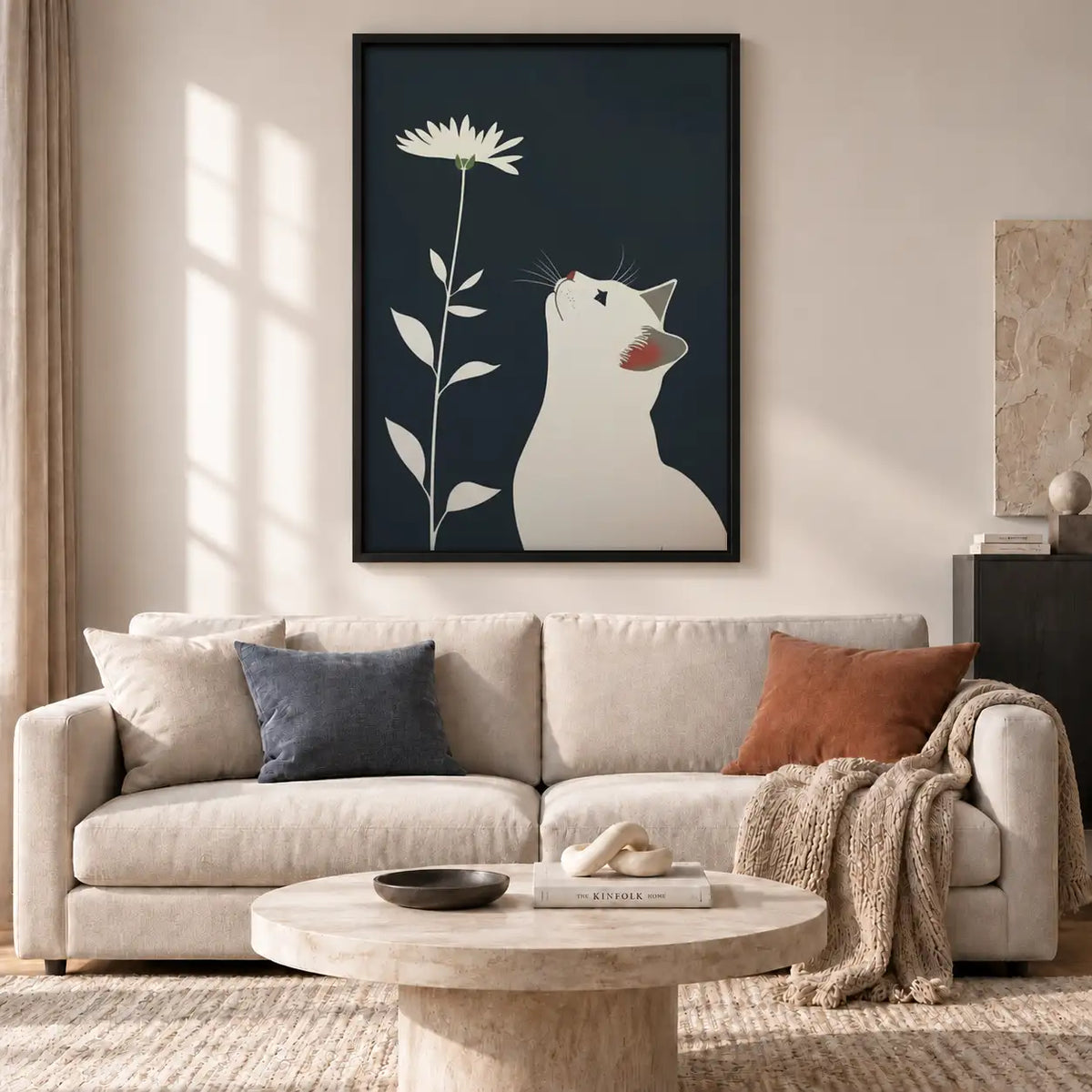 White Cat with Tall Daisy Wall Art 2