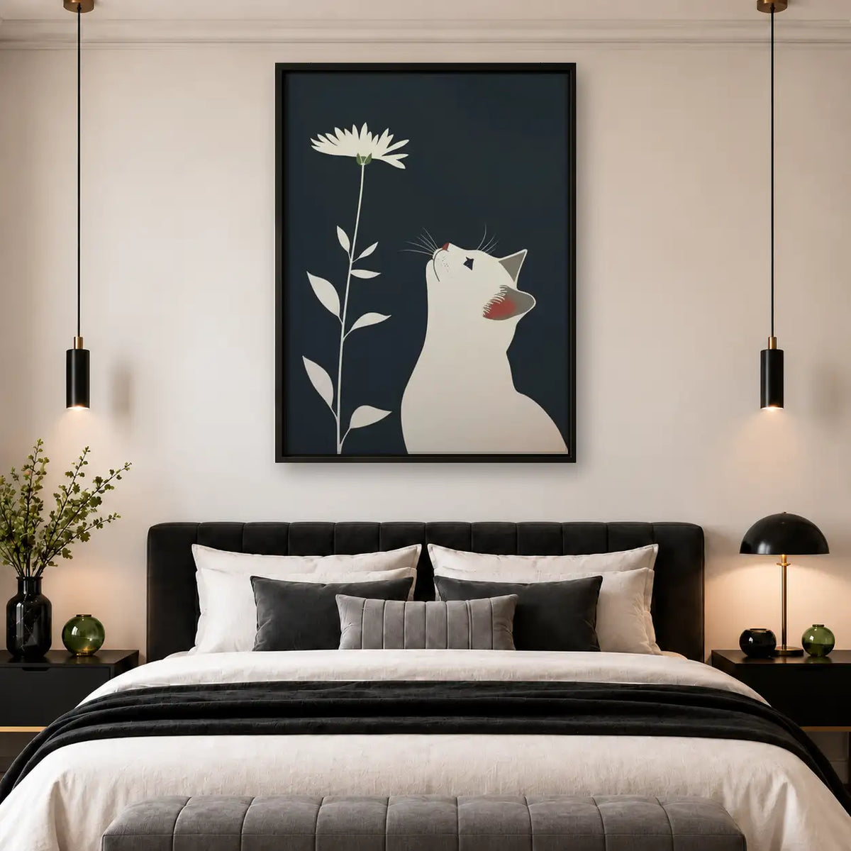 White Cat with Tall Daisy Wall Art 4
