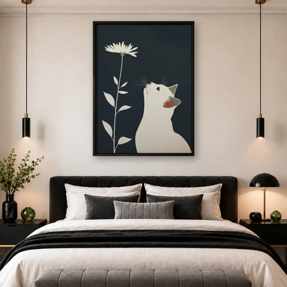 White Cat with Tall Daisy Wall Art 4