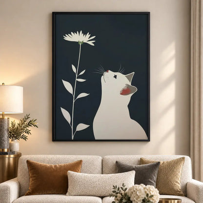 White Cat with Tall Daisy Wall Art 5