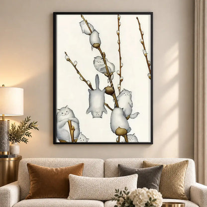 White Cats on Willow Branch Wall Art 5