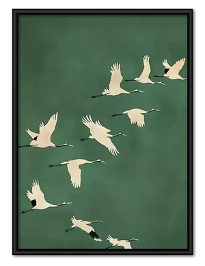 White Cranes Flying on Green Wall Art