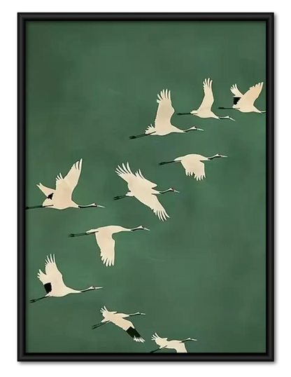 White Cranes Flying on Green Wall Art 1