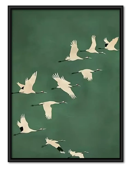 White Cranes Flying on Green Wall Art
