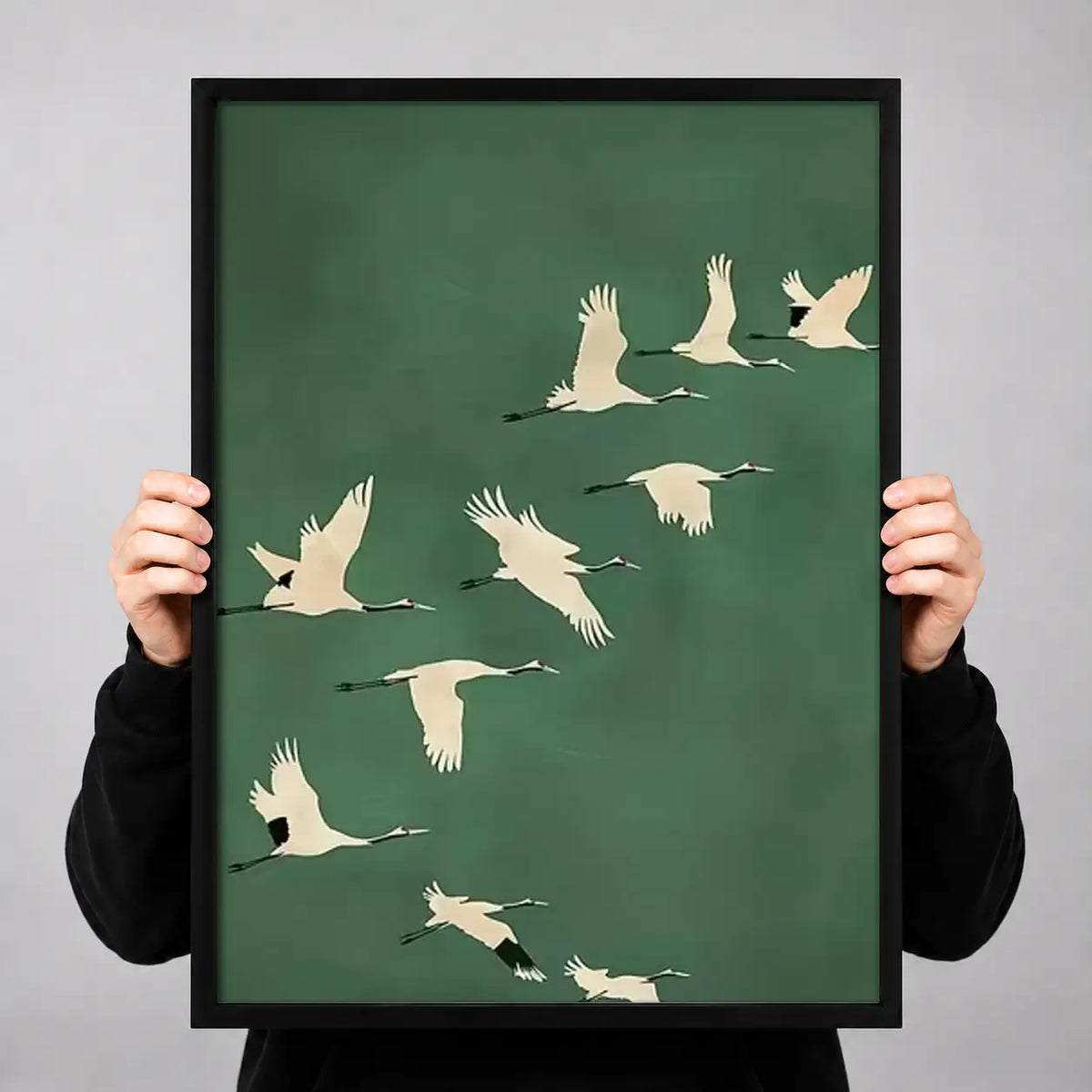 White Cranes Flying on Green Wall Art 3