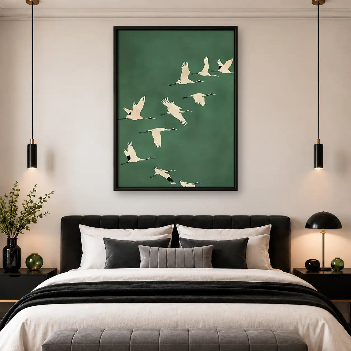 White Cranes Flying on Green Wall Art 4