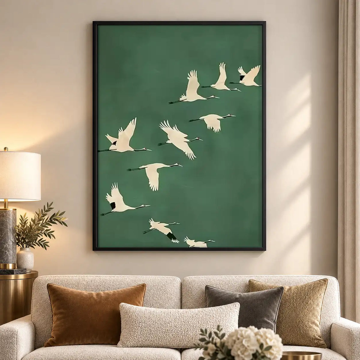 White Cranes Flying on Green Wall Art 5