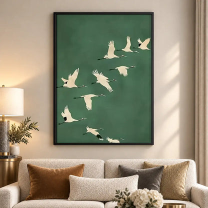 White Cranes Flying on Green Wall Art 5