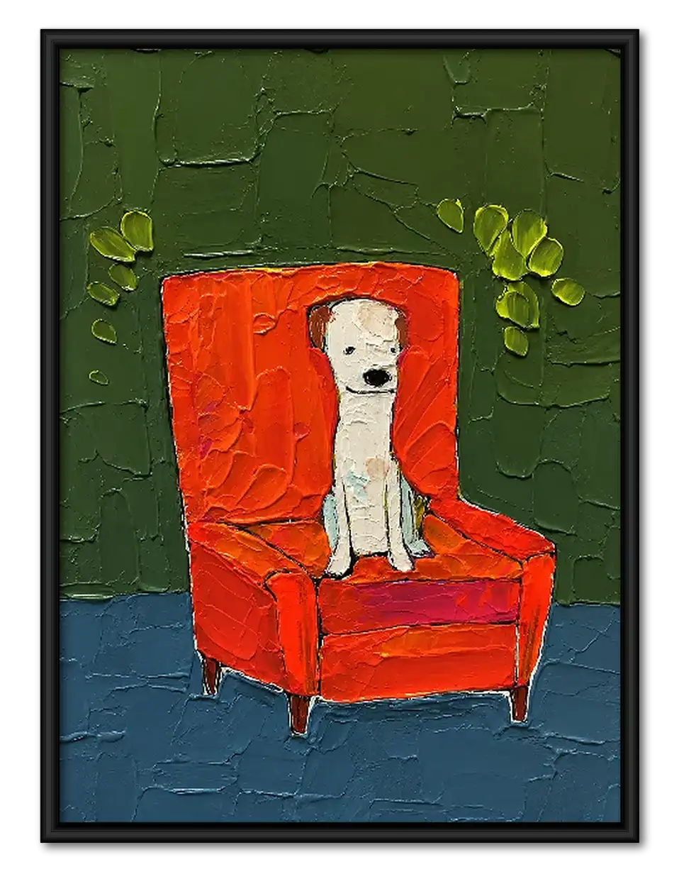 White Dog Sitting in Red Armchair Wall Art 1