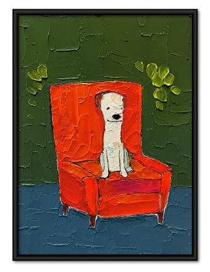 White Dog Sitting in Red Armchair Wall Art