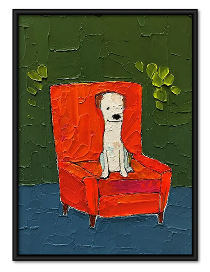 White Dog Sitting in Red Armchair Wall Art