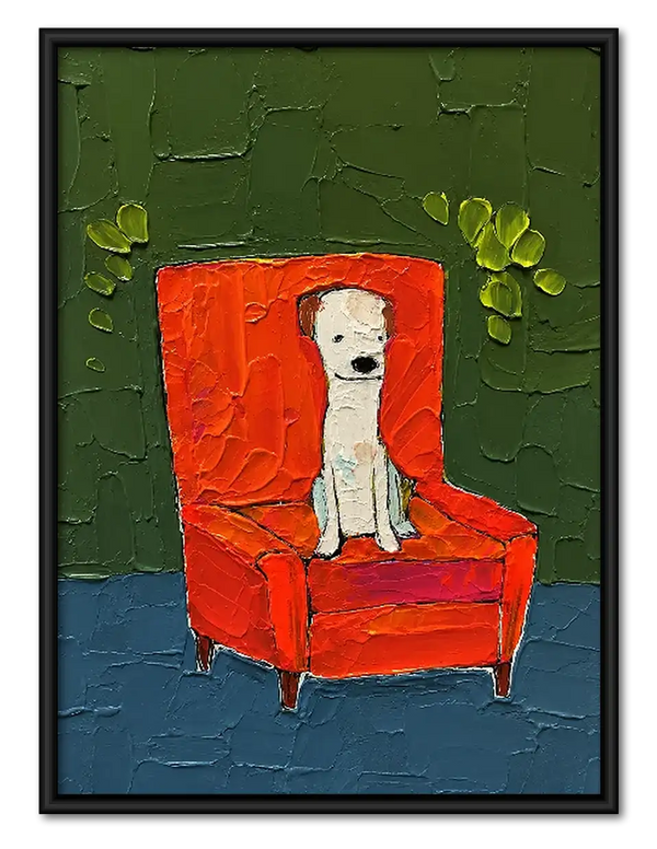 White Dog Sitting in Red Armchair Wall Art