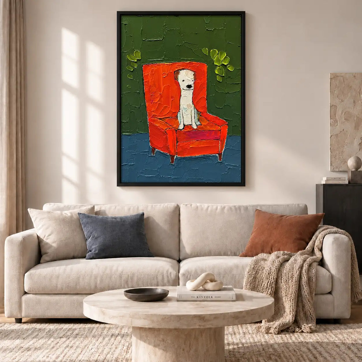 White Dog Sitting in Red Armchair Wall Art 2