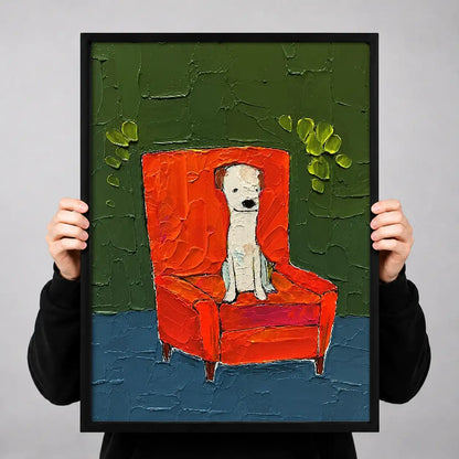 White Dog Sitting in Red Armchair Wall Art 3