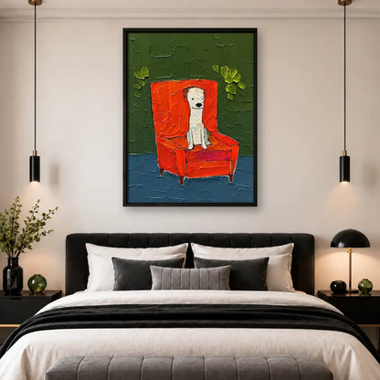 White Dog Sitting in Red Armchair Wall Art 4