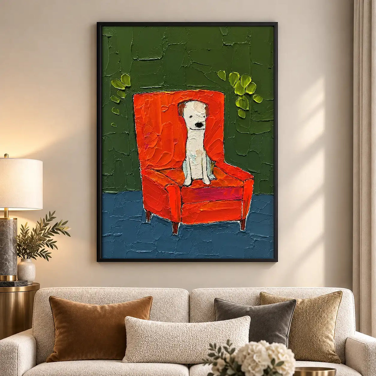 White Dog Sitting in Red Armchair Wall Art 5