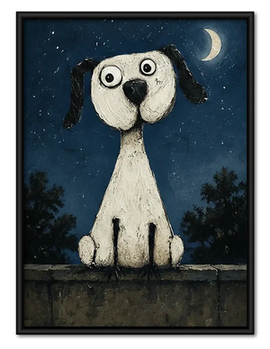 White Dog Under Crescent Moon Wall Art