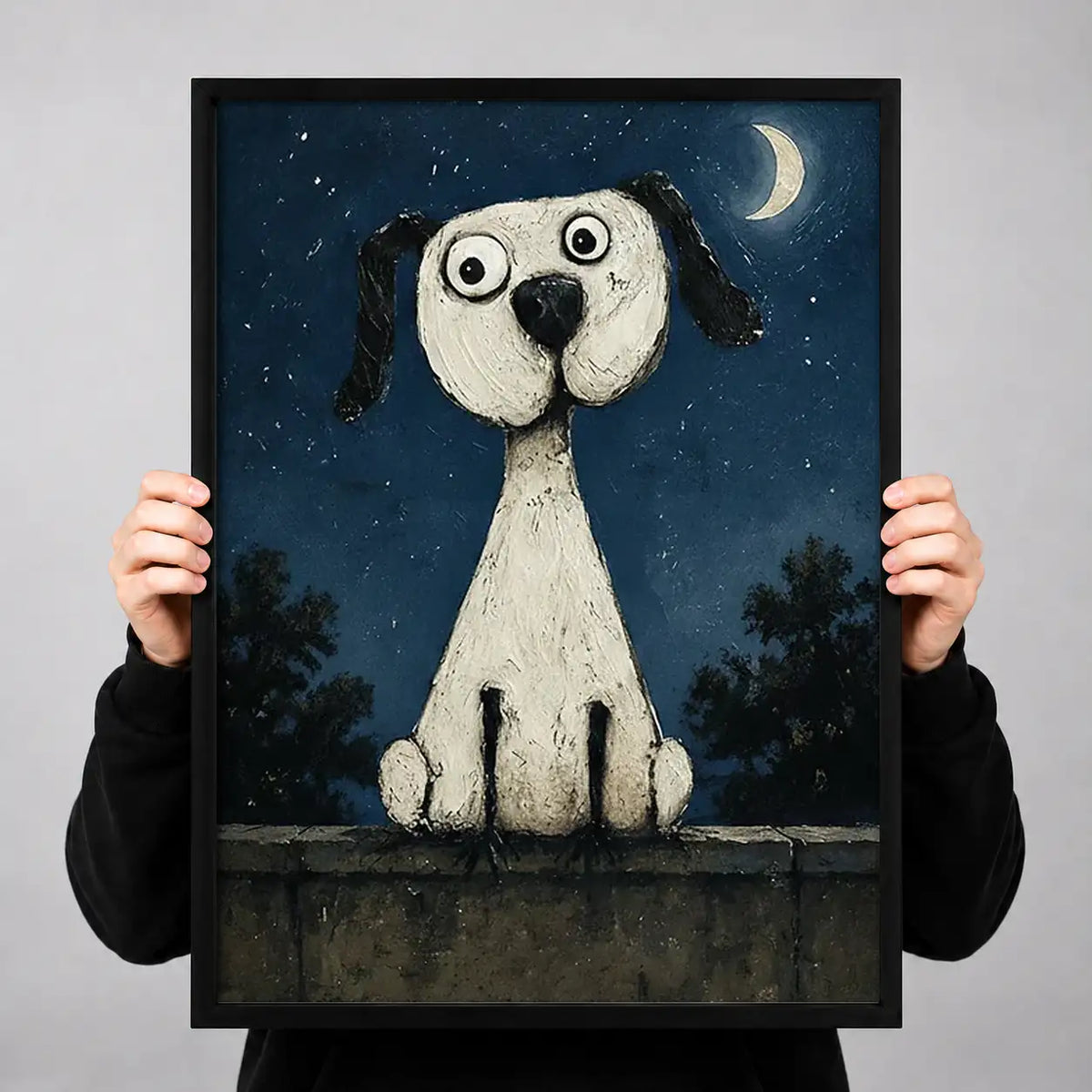 White Dog Under Crescent Moon Wall Art 3