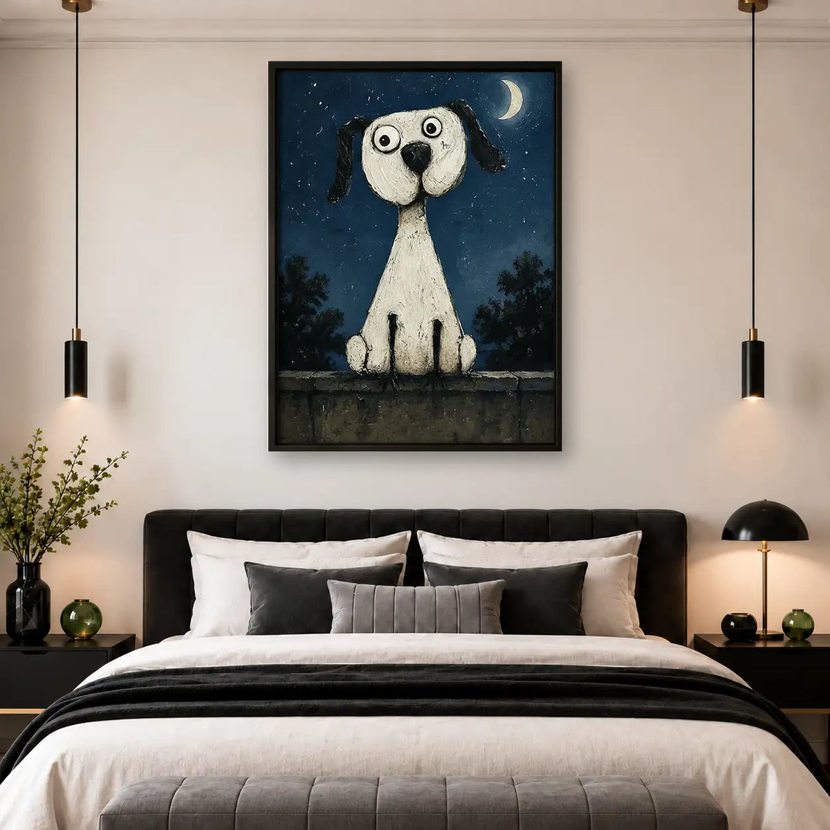 White Dog Under Crescent Moon Wall Art 4