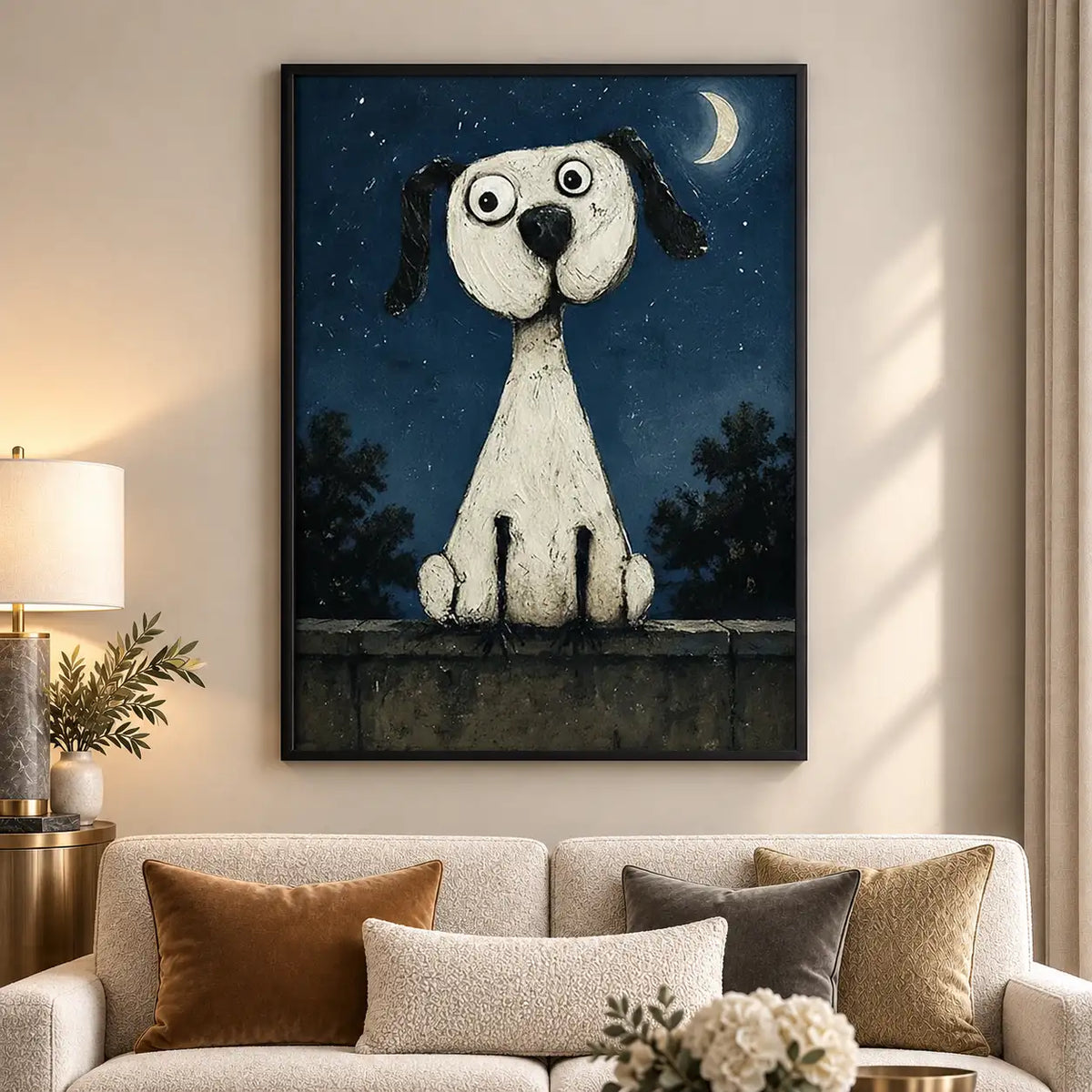 White Dog Under Crescent Moon Wall Art 5