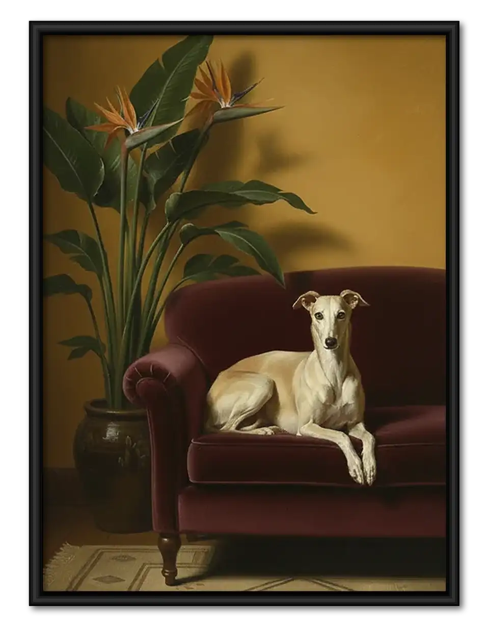 White Greyhound Relaxing on Red Sofa Wall Art 1
