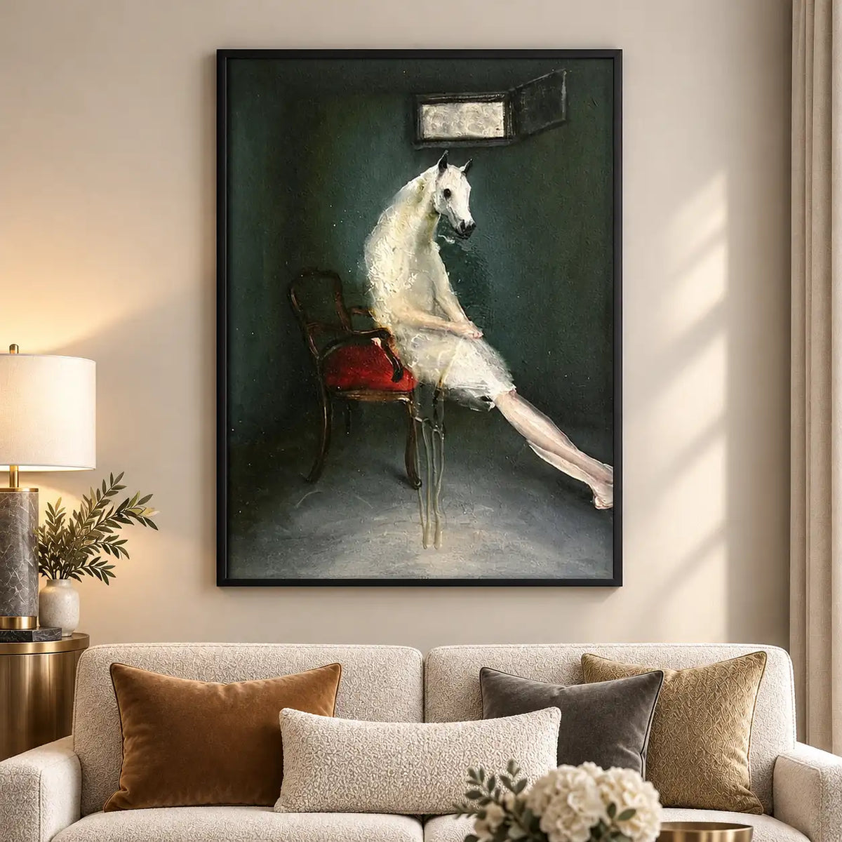 White Horse Seated on Chair Wall Art 5