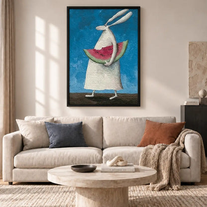 White Rabbit Holding Watermelon Wall Art 2