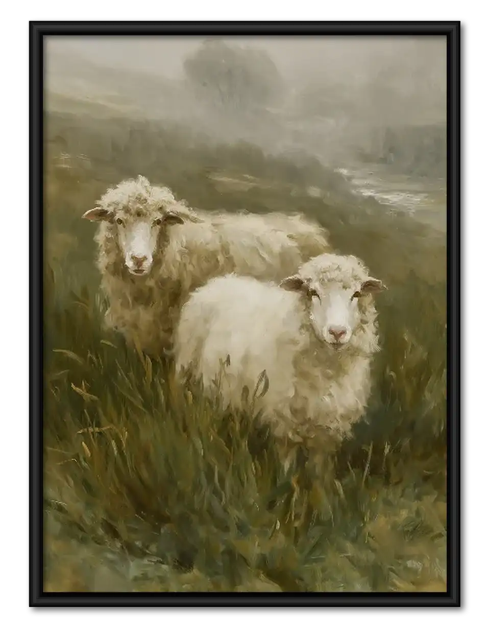 White Sheep in Misty Meadow Wall Art 1