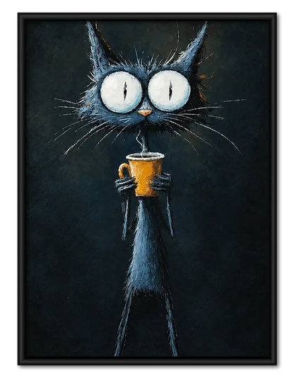 Wide Eyed Black Cat with Drink Wall Art 1