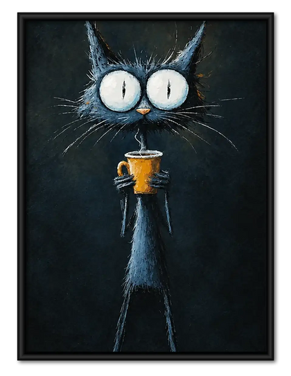 Wide Eyed Black Cat with Drink Wall Art