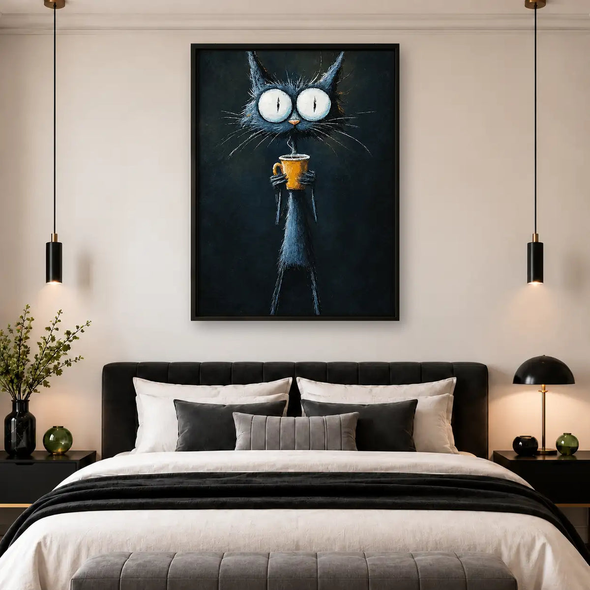 Wide Eyed Black Cat with Drink Wall Art 4