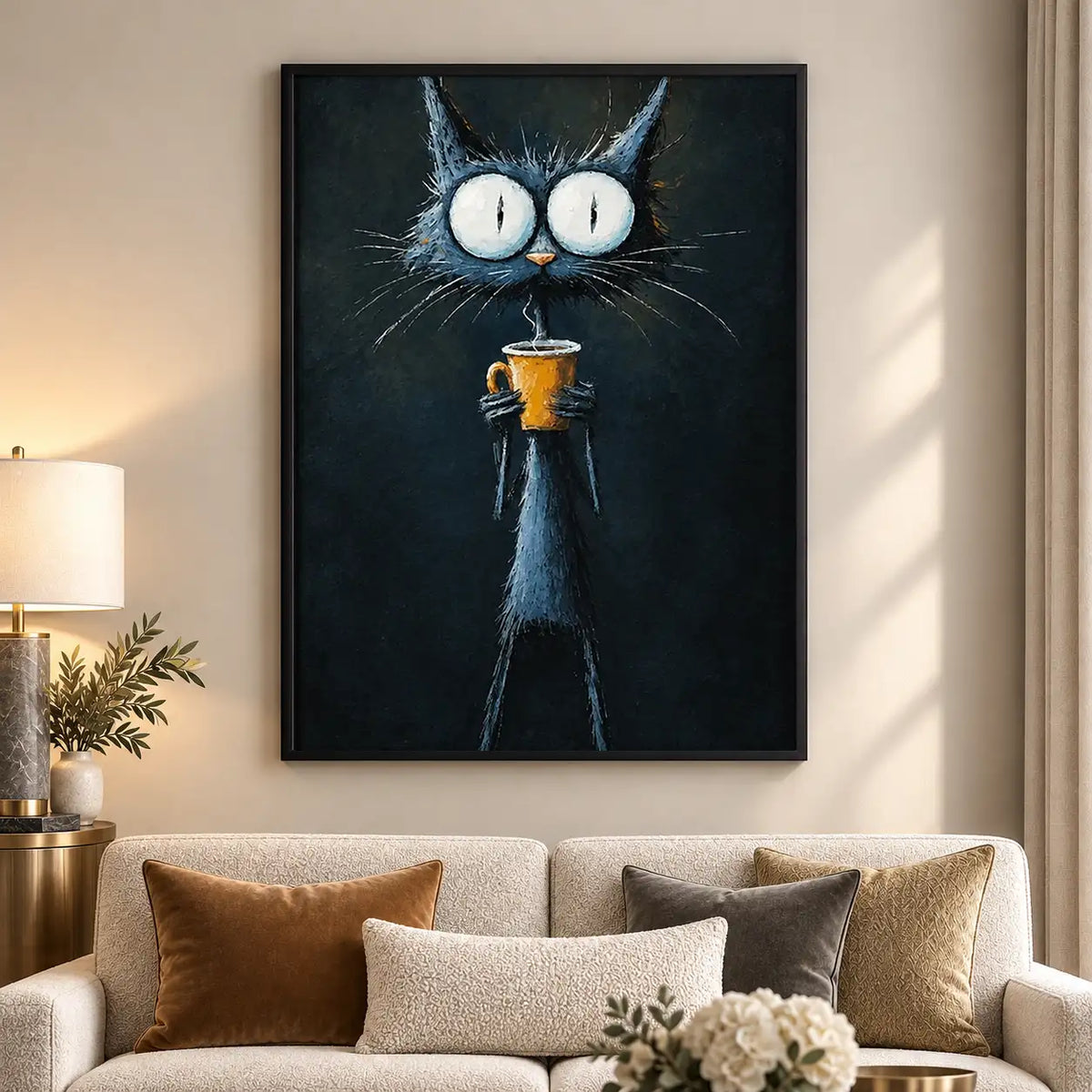 Wide Eyed Black Cat with Drink Wall Art 5