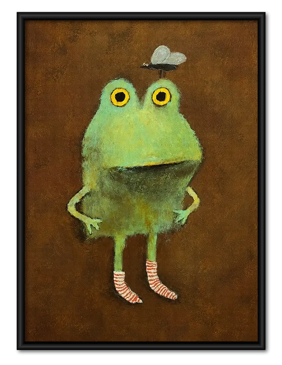 Wide Eyed Green Frog on Brown Wall Art 1