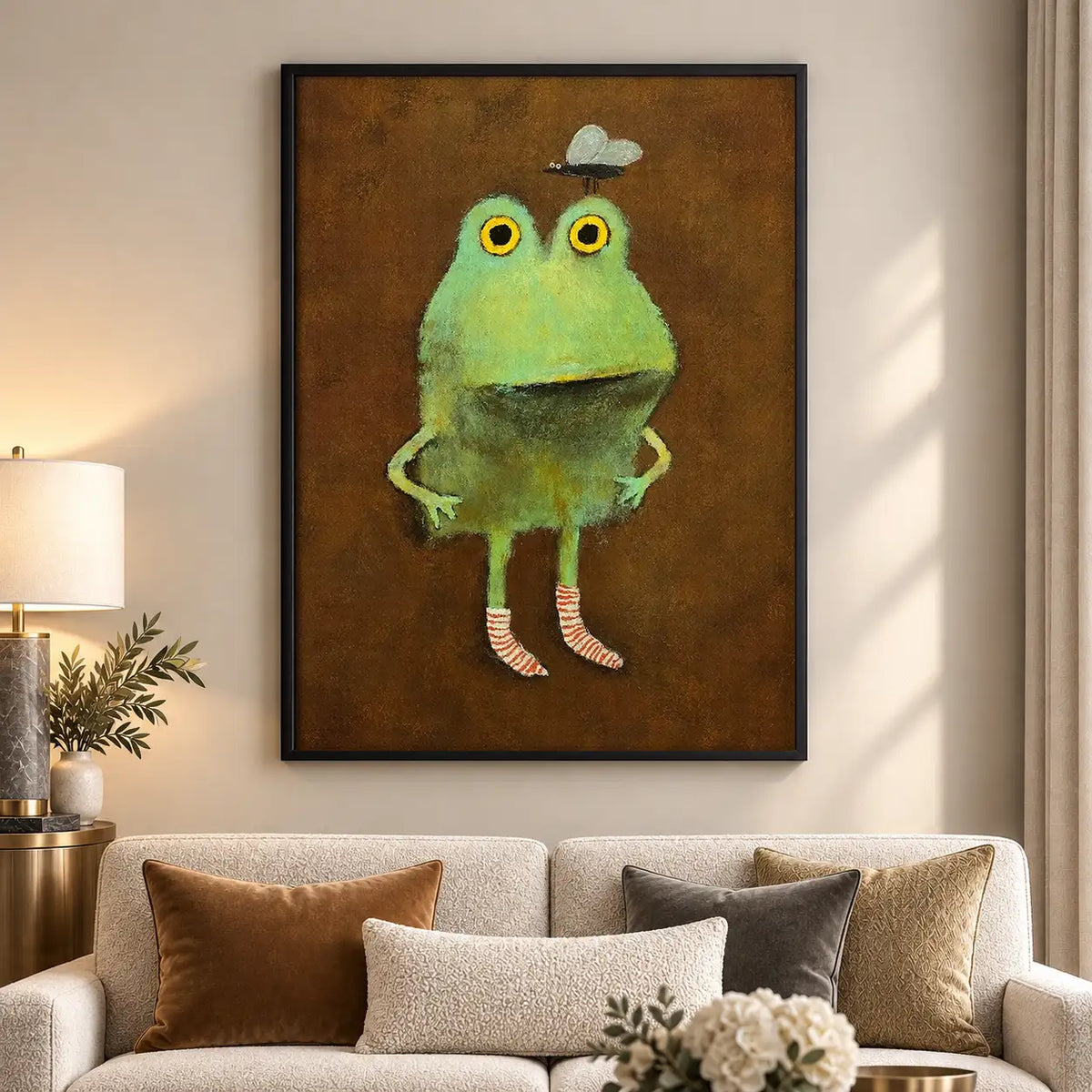 Wide Eyed Green Frog on Brown Wall Art 5