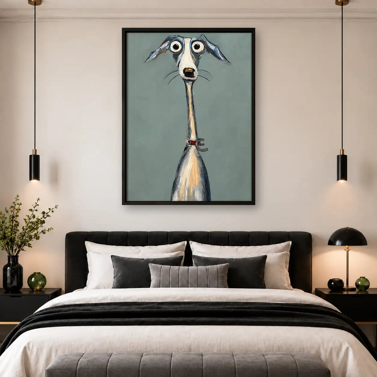 Wide Eyed Greyhound Portrait on Blue Wall Art 4