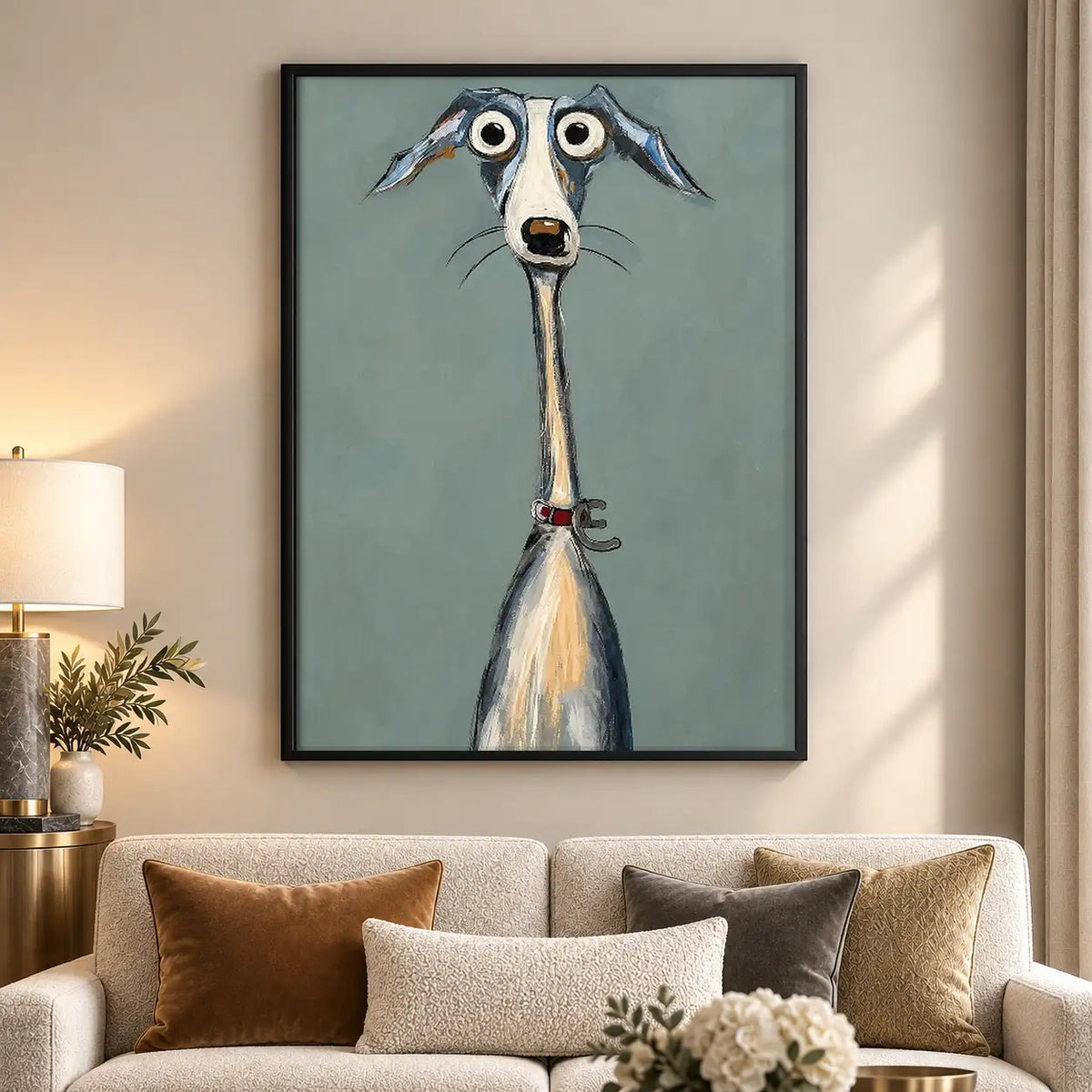 Wide Eyed Greyhound Portrait on Blue Wall Art 5
