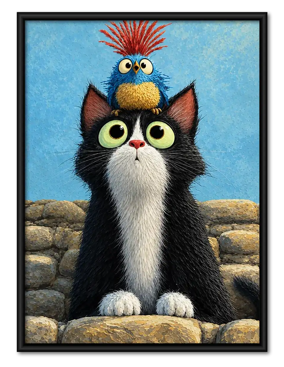 Wide Eyed Tuxedo Cat on Blue Wall Art 1