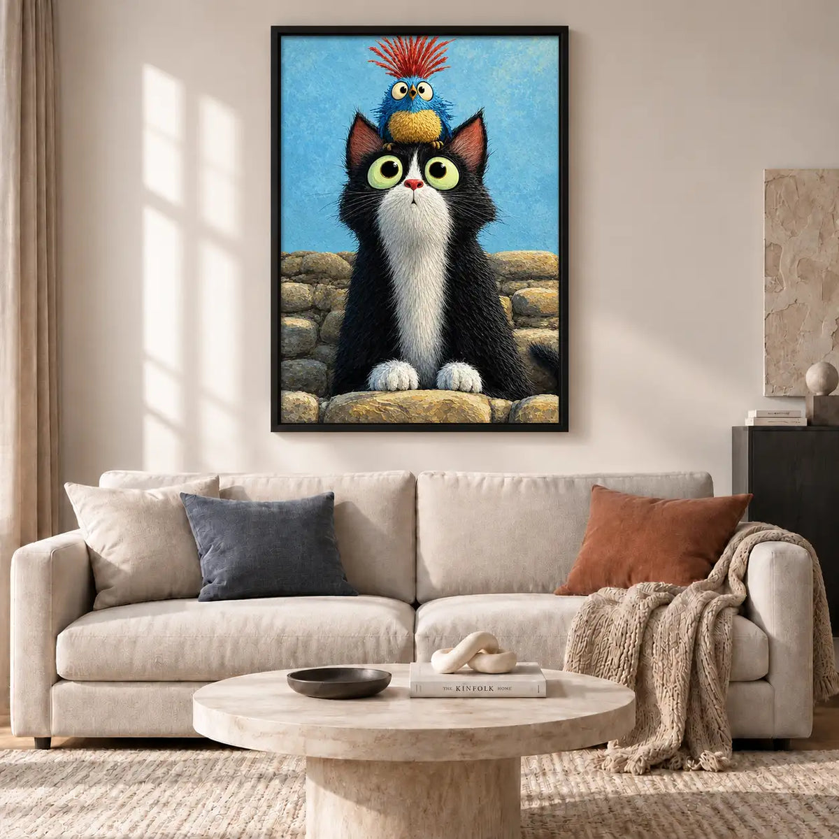Wide Eyed Tuxedo Cat on Blue Wall Art 2