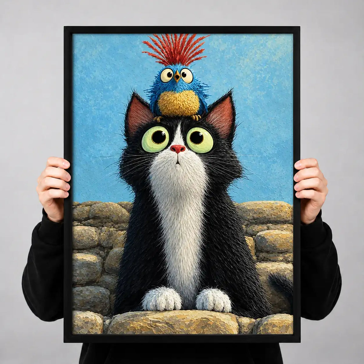 Wide Eyed Tuxedo Cat on Blue Wall Art 3