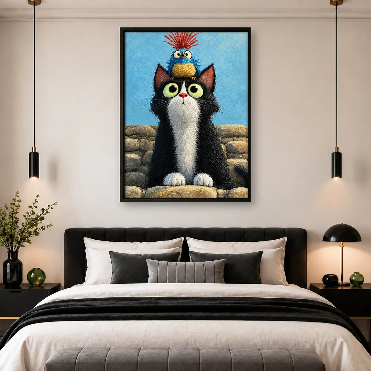 Wide Eyed Tuxedo Cat on Blue Wall Art 4