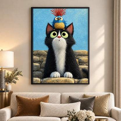 Wide Eyed Tuxedo Cat on Blue Wall Art 5