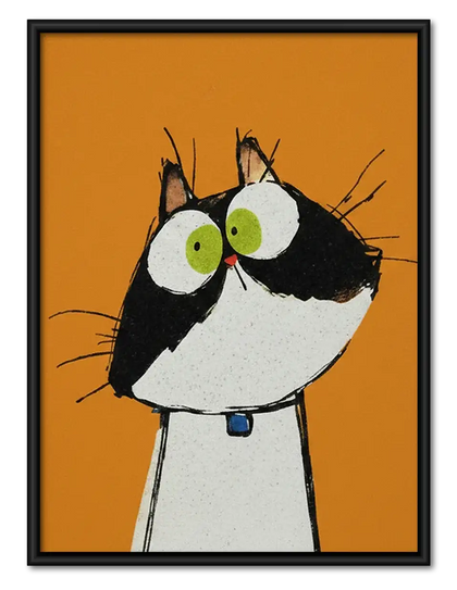 Wide Eyed Tuxedo Cat on Orange Wall Art