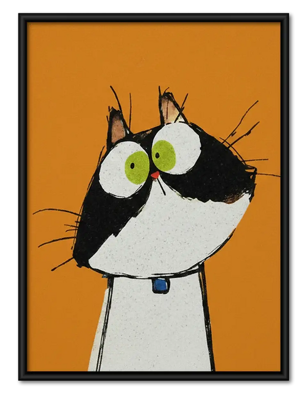 Wide Eyed Tuxedo Cat on Orange Wall Art