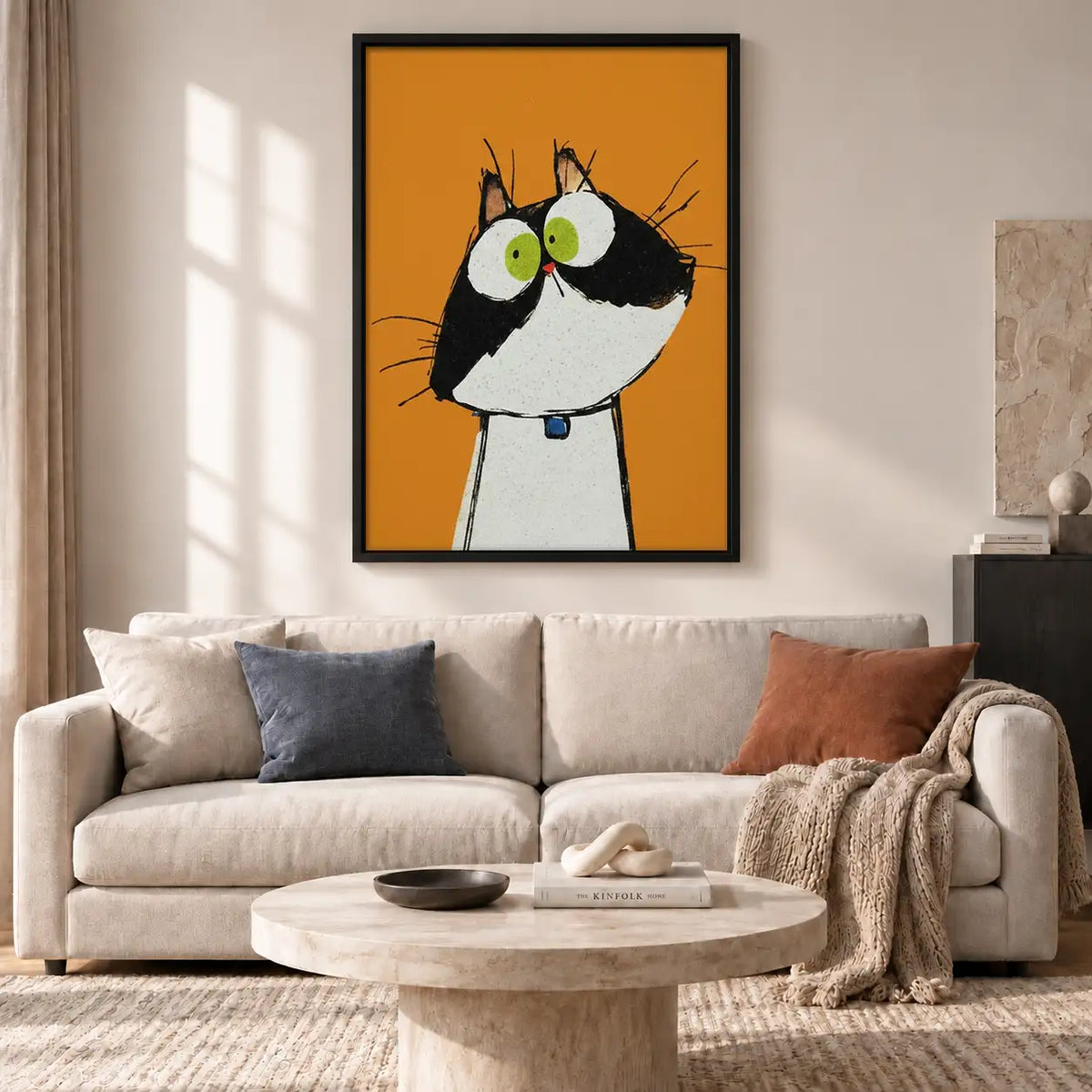 Wide Eyed Tuxedo Cat on Orange Wall Art 2