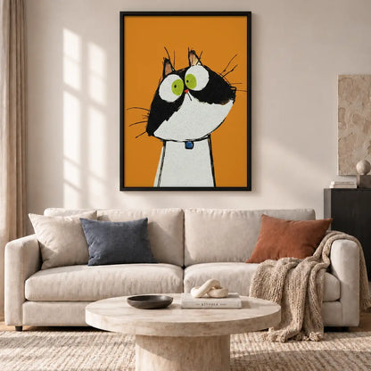 Wide Eyed Tuxedo Cat on Orange Wall Art 2
