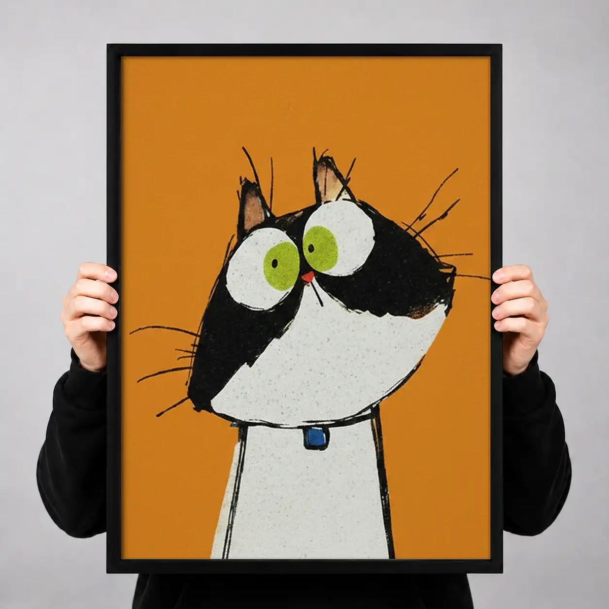 Wide Eyed Tuxedo Cat on Orange Wall Art 3