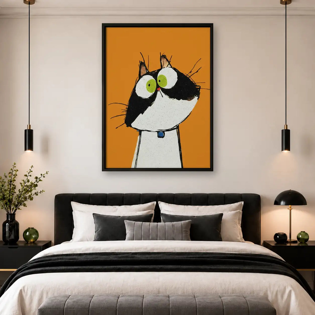 Wide Eyed Tuxedo Cat on Orange Wall Art 4