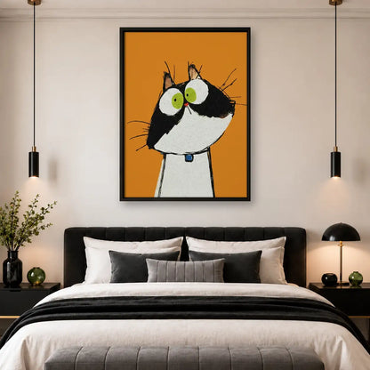 Wide Eyed Tuxedo Cat on Orange Wall Art 4