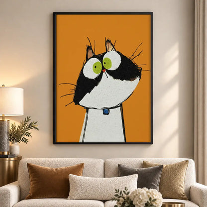 Wide Eyed Tuxedo Cat on Orange Wall Art 5